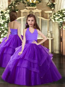 Purple Tulle Lace Up Halter Top Sleeveless Floor Length Pageant Gowns For Girls Ruffled Layers