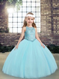 Exceptional Floor Length Aqua Blue Little Girl Pageant Dress Tulle Sleeveless Beading and Appliques