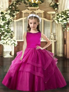 Hot Sale Scoop Sleeveless Lace Up Pageant Dress for Womens Fuchsia Tulle
