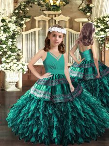 Nice V-neck Sleeveless Little Girl Pageant Gowns Floor Length Appliques and Ruffles Turquoise Organza