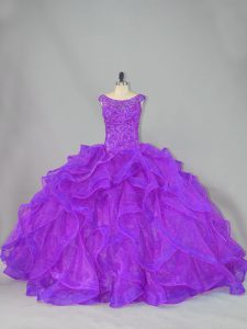 Custom Design Purple Vestidos de Quinceanera Organza Brush Train Sleeveless Beading and Ruffles