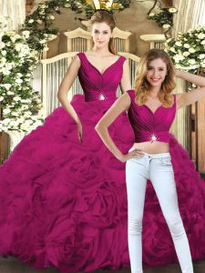 Two Pieces Ball Gown Prom Dress Fuchsia V-neck Fabric With Rolling Flowers Sleeveless Floor Length Backless
