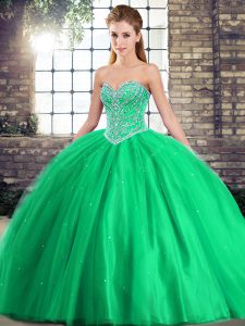 Green Sleeveless Tulle Brush Train Lace Up Quinceanera Dresses for Military Ball and Quinceanera