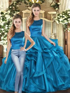 Floor Length Lace Up Quinceanera Dress Teal for Military Ball and Sweet 16 and Quinceanera with Ruffles