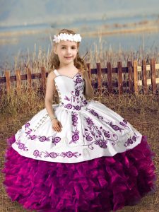 Sweet Fuchsia Organza Lace Up Straps Sleeveless Floor Length Pageant Dress for Girls Embroidery and Ruffles