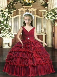 Sleeveless Floor Length Beading and Ruffled Layers Backless Girls Pageant Dresses with Red