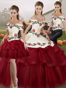 Noble Wine Red Lace Up Off The Shoulder Embroidery and Ruffled Layers Vestidos de Quinceanera Tulle Sleeveless Brush Train