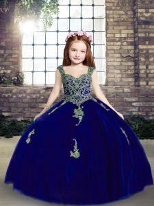 Best Royal Blue Lace Up Little Girl Pageant Dress Appliques Sleeveless Floor Length
