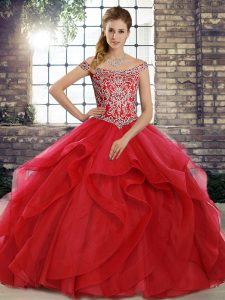 Red Ball Gowns Off The Shoulder Sleeveless Tulle Brush Train Lace Up Beading and Ruffles 15 Quinceanera Dress