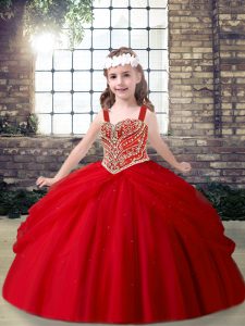 Designer Floor Length Red Kids Pageant Dress Tulle Sleeveless Beading