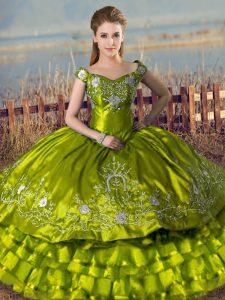 Off The Shoulder Sleeveless Lace Up 15th Birthday Dress Olive Green Satin and Organza