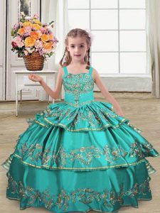 Turquoise Satin Lace Up Straps Sleeveless Floor Length Kids Pageant Dress Embroidery and Ruffled Layers