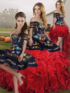Red And Black Ball Gowns Off The Shoulder Sleeveless Organza Floor Length Lace Up Embroidery and Ruffles Vestidos de Quinceanera