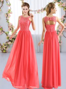 Coral Red Chiffon Zipper Scoop Sleeveless Floor Length Quinceanera Court of Honor Dress Lace