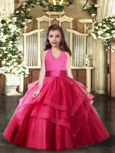 Hot Pink Little Girls Pageant Gowns Party and Sweet 16 and Wedding Party with Ruffled Layers Halter Top Sleeveless Lace Up