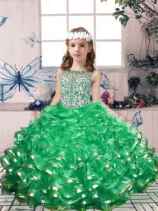 Green Ball Gowns Organza Scoop Sleeveless Beading and Ruffles Floor Length Lace Up Little Girl Pageant Dress