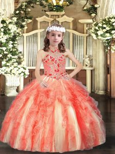 Orange Red Ball Gowns Appliques and Ruffles Child Pageant Dress Lace Up Tulle Sleeveless Floor Length