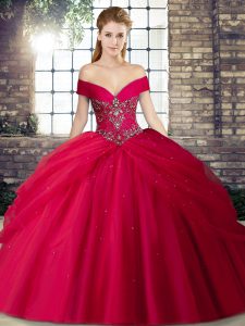Red Ball Gowns Beading and Pick Ups Sweet 16 Dresses Lace Up Tulle Sleeveless