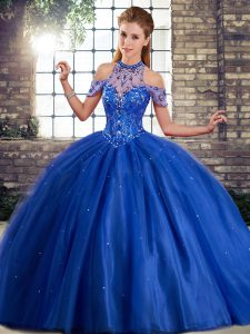 Nice Royal Blue Lace Up Halter Top Beading Quince Ball Gowns Tulle Sleeveless Brush Train