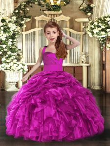Affordable Fuchsia Organza Lace Up Straps Sleeveless Floor Length Little Girl Pageant Dress Ruffles