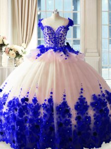 Blue And White Quinceanera Gown Sweet 16 and Quinceanera with Hand Made Flower Scoop Sleeveless Brush Train Zipper