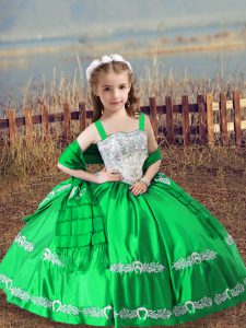 Sleeveless Floor Length Beading and Embroidery Lace Up Pageant Gowns For Girls with Green
