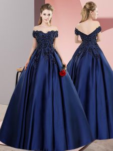 Navy Blue A-line Satin Off The Shoulder Sleeveless Lace Floor Length Zipper Sweet 16 Dress
