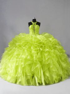 Perfect Organza Halter Top Sleeveless Brush Train Zipper Beading and Ruffles Quinceanera Gown in Yellow Green