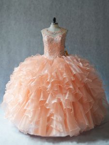 Ball Gowns Quinceanera Dresses Peach Scoop Organza Sleeveless Floor Length Lace Up