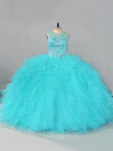 Excellent Aqua Blue Tulle Lace Up Quinceanera Gown Sleeveless Floor Length Beading and Ruffles