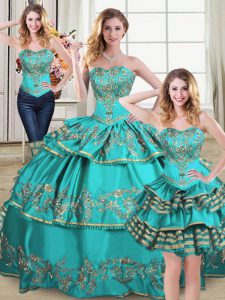 Aqua Blue Ball Gowns Sweetheart Sleeveless Organza Floor Length Lace Up Embroidery and Ruffled Layers Sweet 16 Quinceanera Dress