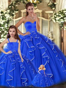 Exceptional Sleeveless Floor Length Beading and Ruffles Lace Up 15 Quinceanera Dress with Blue