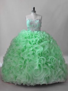 Sweetheart Sleeveless Fabric With Rolling Flowers 15 Quinceanera Dress Beading Brush Train Lace Up