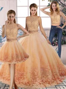 Luxurious Peach Sleeveless Tulle Sweep Train Backless Quinceanera Dress for Military Ball and Sweet 16 and Quinceanera