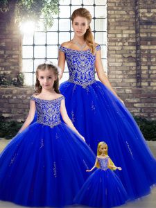 Exceptional Sleeveless Floor Length Beading Lace Up Ball Gown Prom Dress with Royal Blue