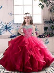 Scoop Sleeveless Tulle Girls Pageant Dresses Beading and Ruffles Lace Up
