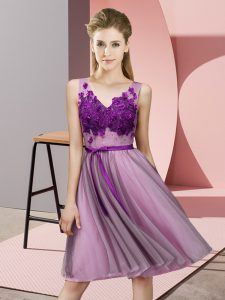 Romantic Lilac Lace Up V-neck Appliques Quinceanera Dama Dress Tulle Sleeveless