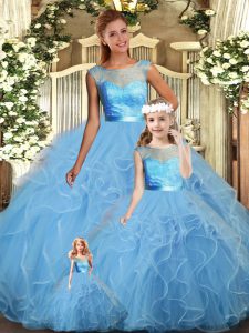 Sleeveless Floor Length Lace and Ruffles Backless Quinceanera Dresses with Baby Blue