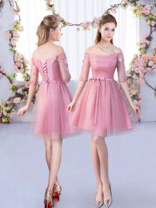 Mini Length A-line Half Sleeves Pink Dama Dress for Quinceanera Lace Up