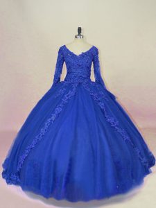 Chic Long Sleeves Lace and Appliques Lace Up Ball Gown Prom Dress with Royal Blue