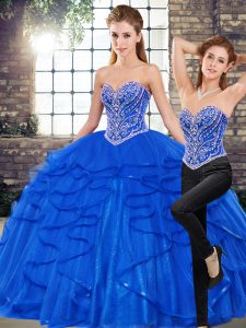 Sleeveless Tulle Floor Length Lace Up Quinceanera Gowns in Royal Blue with Beading and Ruffles