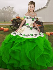Beautiful Green Quince Ball Gowns Military Ball and Sweet 16 and Quinceanera with Embroidery and Ruffles Off The Shoulder Sleeveless Lace Up