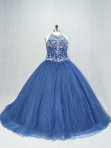 Traditional Brush Train Ball Gowns Quince Ball Gowns Navy Blue Scoop Tulle Sleeveless Lace Up