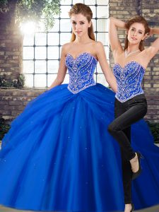Top Selling Royal Blue Tulle Lace Up Vestidos de Quinceanera Sleeveless Brush Train Beading and Pick Ups
