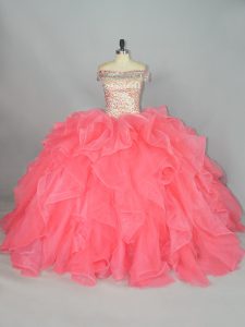 High Quality Off The Shoulder Sleeveless Quince Ball Gowns Floor Length Beading and Ruffles Watermelon Red Organza