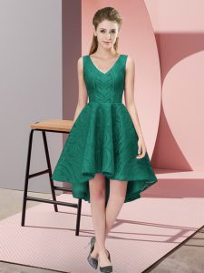 V-neck Sleeveless Dama Dress for Quinceanera High Low Lace Peacock Green Lace