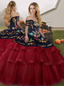 Wine Red Tulle Lace Up Off The Shoulder Sleeveless Quinceanera Gowns Brush Train Embroidery and Ruffled Layers