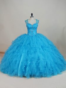 Floor Length Zipper Sweet 16 Dress Baby Blue for Sweet 16 and Quinceanera with Beading and Ruffles