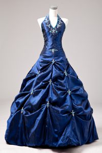 High End Royal Blue Quinceanera Dresses Sweet 16 and Quinceanera with Appliques and Pick Ups Halter Top Sleeveless Lace Up