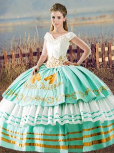 Floor Length Lace Up Quinceanera Gowns Aqua Blue for Sweet 16 and Quinceanera with Beading and Ruffled Layers